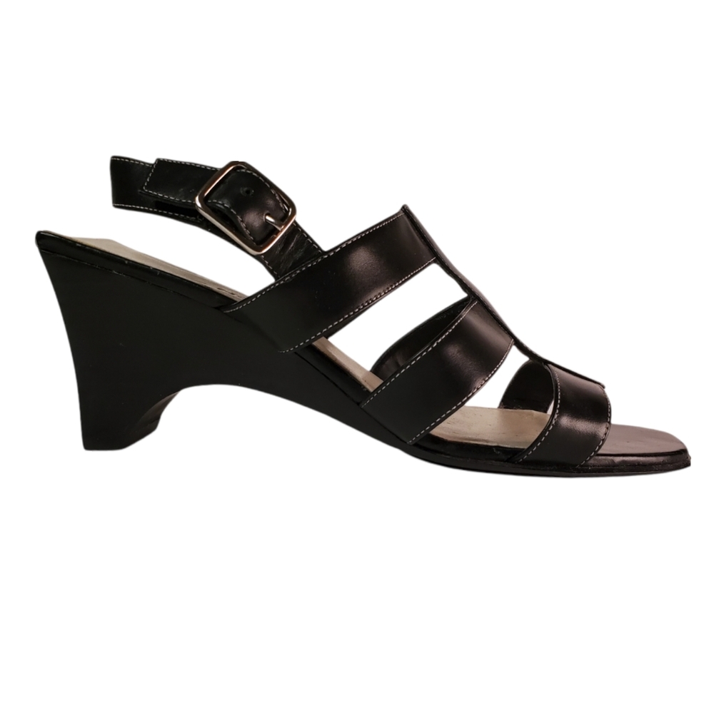Japanese Inspired Black Geometric Wedge Leather Sandal